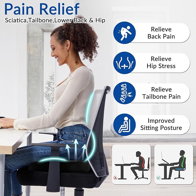 Ergonomic Memory Foam Seat Cushion for Office Chair, Extra Large Pad with U-Shaped Design for Pressure Relief, Coccyx Sciatica & Back Pain Relief, for Home, Car Long Sitting (Black)-DeskLoop Office