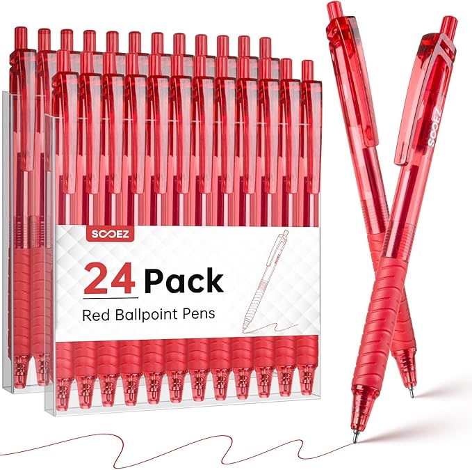 Sooez 24 Pack Bulk Pens Ballpoint, Retractable Red Ink Pens, Smooth Writing Pens by Sooez