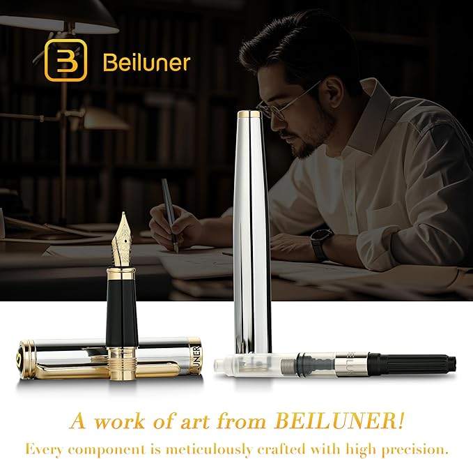 BEILUNER Silver Chrome Fountain Pen,Stunning Luxury Pens with 24K Gold Accents, Gorgeous 24K Gilded Nib(Medium), Ink Converter,Fancy Pen Gift for Men&Women-Elegant, Office, Executive,Nice for Writing-DeskLoop Office