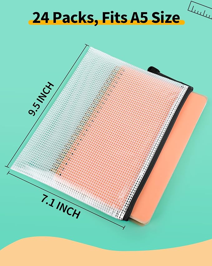 Smarpau A5 Mesh Zipper Pouch, 24 Pack 9.5" x 7.1" Plastic Zipper Pouches - Image 2