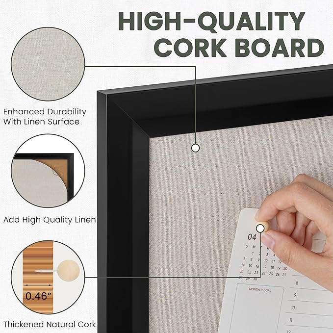 Bulletin Board Cork Board with Linen, 100% Wood Framed 30" x 20" Bulletin Board Decorations, Pin Boards for Walls, Wall Mounted Fabric Picture Board with 10 Pushpins for School, Home & Office, Black-DeskLoop Office