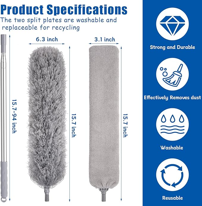 Feather Duster Set, 30-100 inch Microfiber Retractable Gap Duster - Image 3