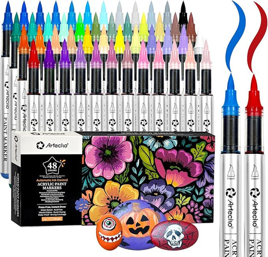 Artecho Automatic Ink Control Acrylic Paint Markers 48 Colors Brush Tip by Artecho