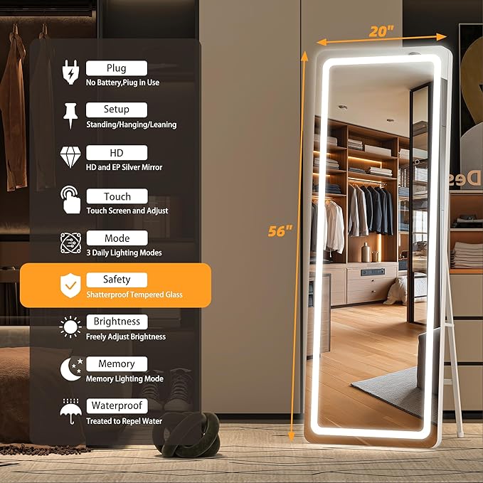 Hasipu Full Length Mirror with Lights, 56" x 20" LED Floor Mirror, Full Body Dressing Standing, Hanging Mounted Mirror for Living Room Bedroom Cloakroom, Round White-DeskLoop Office