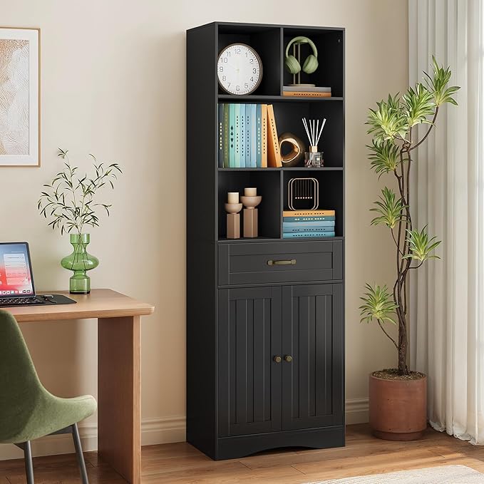 Gizoon 71'' Tall Storage Cabinet, Kitchen Pantry Cabinet with Doors & Drawers, Wooden Storage Organizer for Living Room, Office, Kitchen, with Adjustable Shelves, Anti-tip, Metal Handle, Black-DeskLoop Office