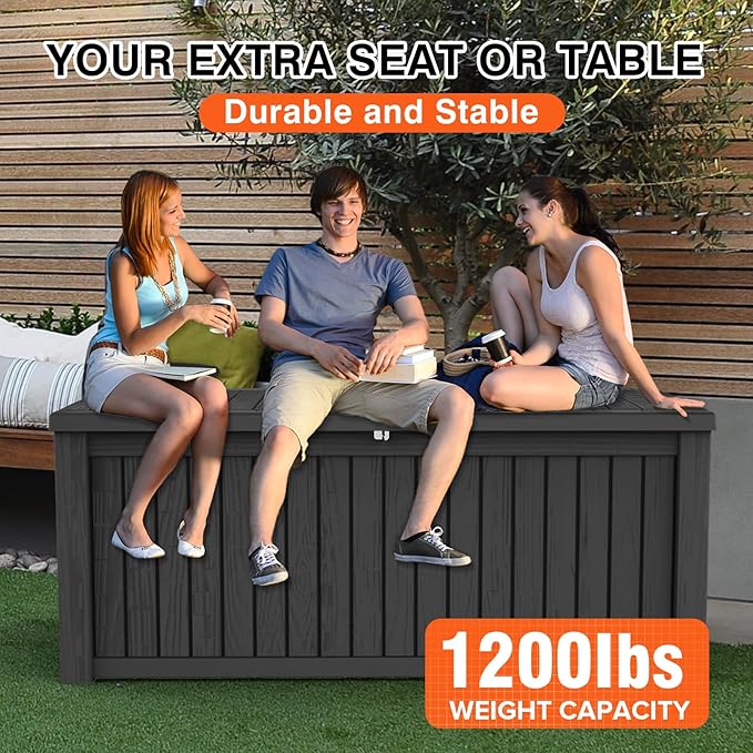 180 Gallon Resin Deck Box, Waterproof Outdoor Storage Bin for Patio Furniture, Pool Accessories, and Garden Tools, Lockable & UV-Resistant, Black-DeskLoop Office