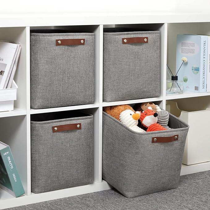 DULLEMELO 12 inch Cube Storage Bins, Large Collapsible Grey Storage Baskets for Square Cubes Organizing, Fabric Boxes Bins for Shelves Nursery Home Office Storage(4 Pack - 12" Grey)-DeskLoop Office