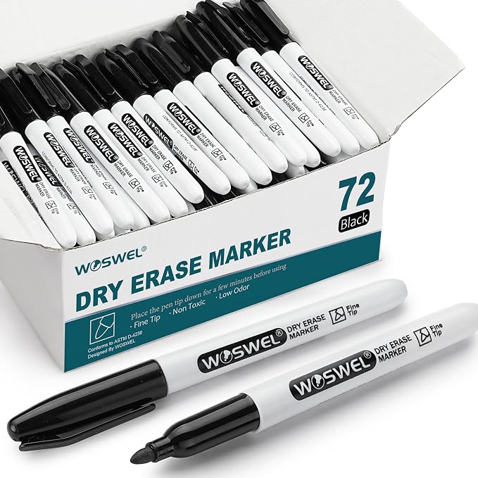 WOSWEL Dry Erase Markers Bulk, 72 Pack Black Fine Tip Whiteboard Markers by WonderfulOptions