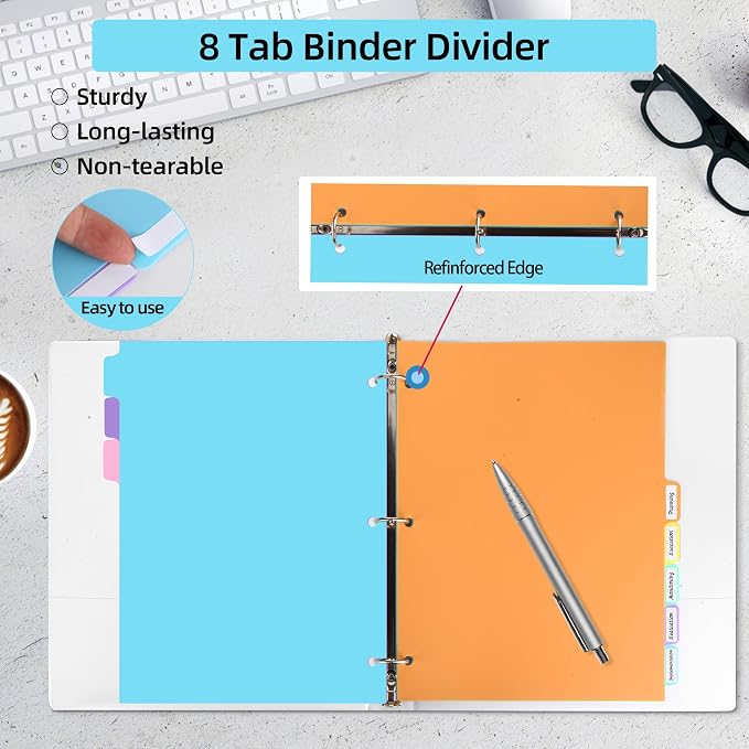 3 Ring Binder Dividers with TAB, 8 Tab 3 Hole Punch Dividers, Pastel Color - Image 3