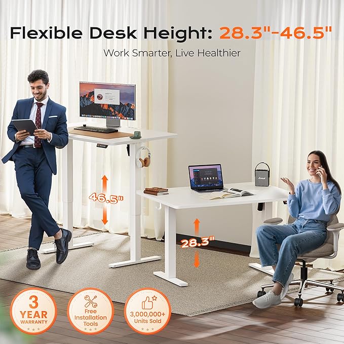 Huuger 48 x 28 Large Electric Standing Desk, Height Adjustable Desk, 27.6" Deep Desktop, Stand up Gaming, 2 Hooks, 3 Preset Heights, for Home Office, White-DeskLoop Office