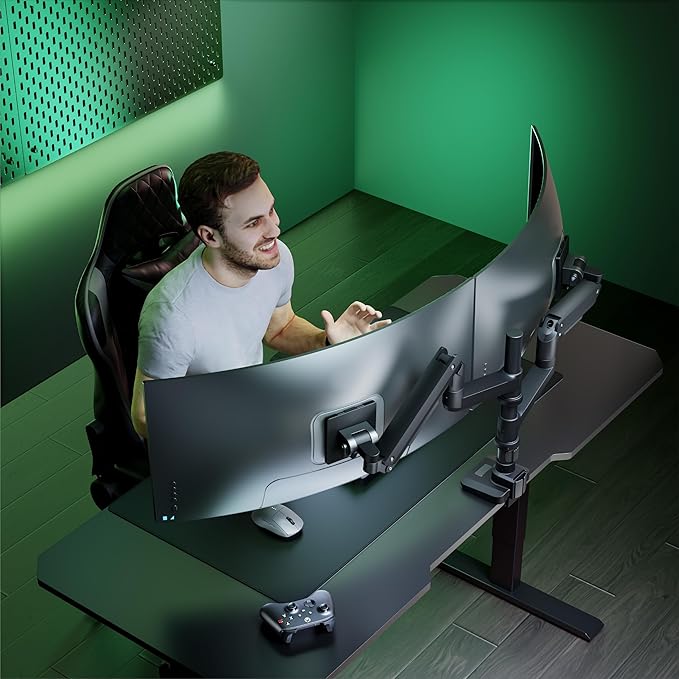WALI Dual Monitor Arm for 17''-49'' Curved Screens, Ultrawide Monitor Mount for Desk, Heavy Duty Monitor Stand Holds up to 44lbs Each Arm, Max 100x100mm Mounting Holes (GSDM002XL), Black-DeskLoop Office