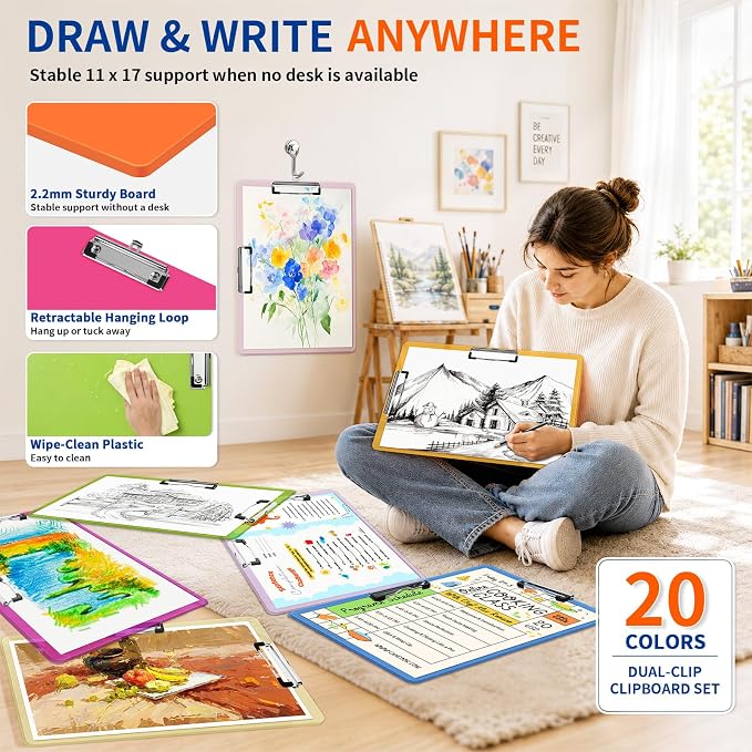 20 Pcs Extra Large 11x17 in Clipboards Bulk 20 Color Plastic Drawing Board | - Image 6
