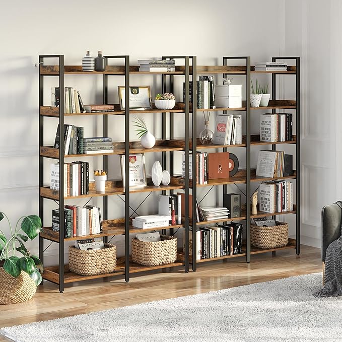 Seventable Bookshelf 6 Tier with 4 Hooks, 67” Industrial Wooden Bookcase, Vintage Storage Rack with Open Shelves, Rustic Standing Bookshelves Metal Frame 43.3” Wide Display Rack, Rustic Brown-DeskLoop Office