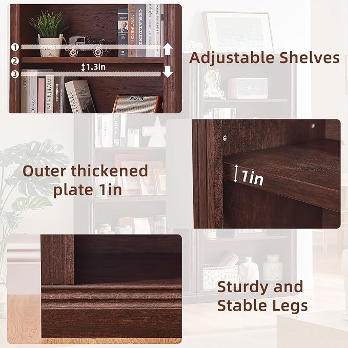 RWYHG 70" Walnut Tall Bookshelf Set of 3, 5-Tier Thick Wooden Book Shelf - Image 5
