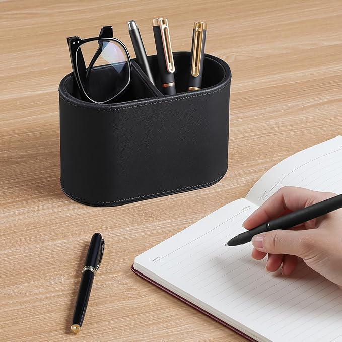 PU Leather Pen Holder for Desk, Small Remote Control Holder Pencil Cup Multifunctional Desktop Organizer Caddy for Home School Office Desk Accessories - 2 Compartments (Black)-DeskLoop Office