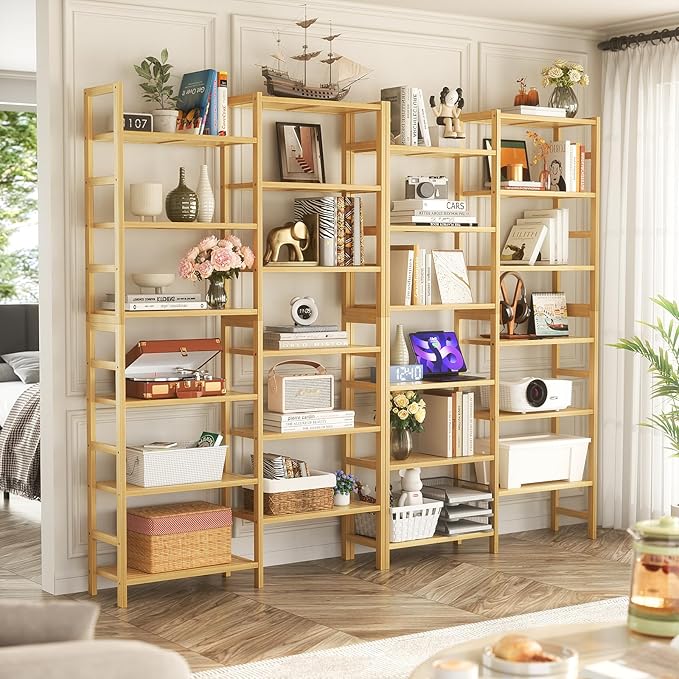 Homykic Double Wide Bamboo Bookshelf, 6-Tier Large Open Bookcase with 12 Display Shelves, 6ft Tall Freestanding Book Shelf for Home Office, Bedroom, Living Room, Plants, Natural-DeskLoop Office