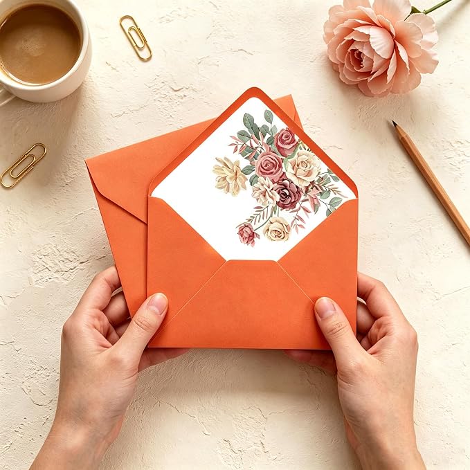 50 Pcs Bright Orange Envelopes Floral Pattern 150gsm 5x7 Envelopes - Image 7
