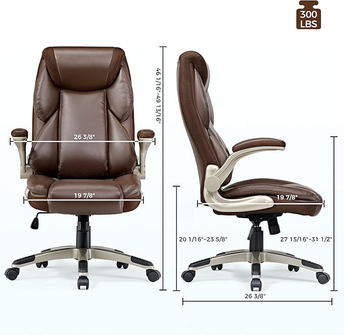 EUREKA ERGONOMIC Executive Office Chair Flip Up Arm Rest, Ergonomic Desk Chair Faux Leather Computer Chair, High Back Office Chair with Headrest, Home Office Desk Chairs with Wheels, Brown-DeskLoop Office
