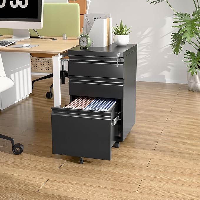 3 Drawer Under Desk Mobile File Cabinet with Lock, Metal Storage Cabinet for Office & Home, Legal/Letter Size, Fully Assembled Except Wheels, Black-DeskLoop Office