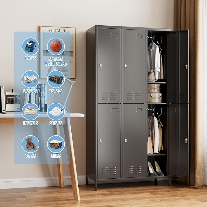 6 Doors Metal Locker for Employees with 18 Hooks and Business Card Holder,Metal Locker with Ventilation Holes for School Garage Office Gym Home,Assembly Required,Black-DeskLoop Office