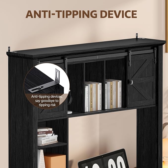 Large Desktop Bookshelf with Sliding Barn Door, 47.2''W Desk Shelf Display Rack - Image 6