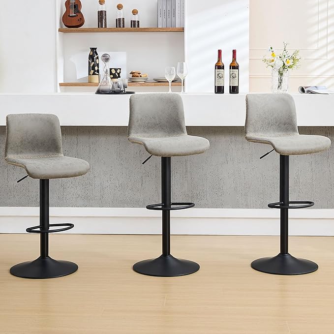 HeuGah Bar Stools Set of 3, Swivel Counter Height Barstools with Back, Adjustable Height 24" to 32", Gray Faux Leather Bar Chairs for Kitchen Island (Gray, Set of 3 (24'' to 32''))-DeskLoop Office
