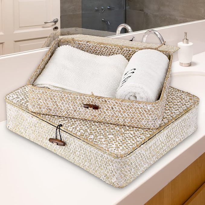 Hipiwe Set of 2 Flat Woven Wicker Storage Bins - Image 3