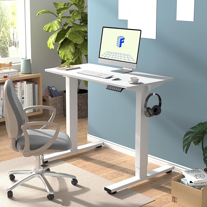 FLEXISPOT EN1 One-Piece Adjustable Height Desk 40 x 24 Inches Whole Piece Desktop Small Standing Desk for Small Space Electric Sit Stand Home Office Table (White Frame + White Desktop)-DeskLoop Office