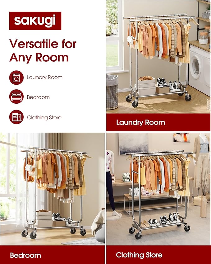 Heavy-Duty Clothes Rack - Double-Rod Stainless Steel Garment Rack with 4-inch Lockable Wheels, Clothing Racks for Hanging Clothes in Bedroom, Laundry Room, 43.3"×16.5"×61.0", Silver-DeskLoop Office