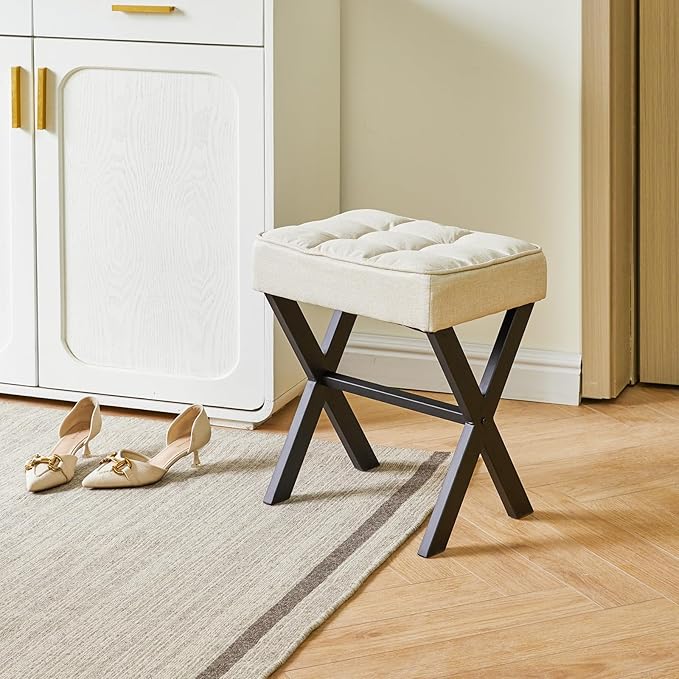 IBUYKE Square Makeup Stool with X-Leg Foot Rest, Linen Footrest, Ottoman Seat, Multi-Use as Small Side Table, for Bedroom, Living Room, Linen LG-70Y-DeskLoop Office