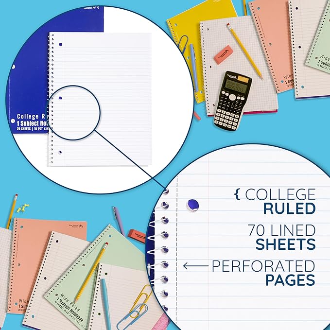 Blue Summit Spiral Notebooks Bulk, One Subject Spiral Notebook College Ruled, Perforated Notebook, 8 x 10.5 for Work and School, Paper, College Ruled, Bulk 12 Pack-DeskLoop Office
