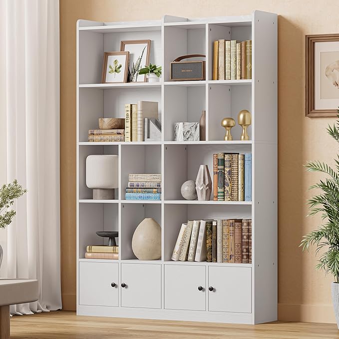IRONCK Bookshelves and Bookcase, 6 Tiers Large Bookshelf with 4 Doors, Floor Standing Tall Display Storage Shelves for Home Office, Living Room, Bedroom, White-DeskLoop Office