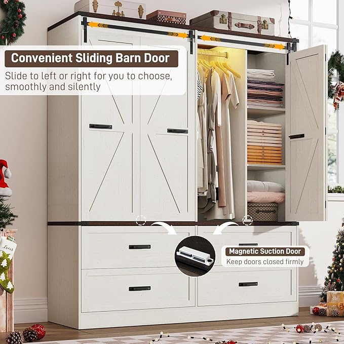 Farmhouse 4 Doors Armoire Wardrobe Closet w/Folding Sliding Barn Door and Lights, LED Armoire Closet w/Drawers for Bedroom, Freestanding Wooden Wardrobe Storage Closets w/Hanging Rod,Antique White-DeskLoop Office
