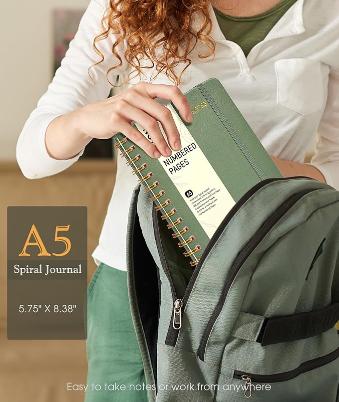 Lined Spiral Journal Notebook, A5 Hardcover Spiral Journals for Women Men, 150 Numbered Pages Spiral Bound Notebook, 100 GSM College Ruled Notebooks for Writing Note Taking 5.75" x 8.38", Sage Green-DeskLoop Office