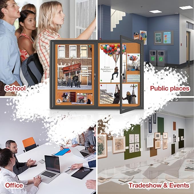 Enclosed Bulletin Board Lockable,Double-Door Weatherproof Outdoor Noticeboard with Locking Door, Wall-Mounted Aluminum Framed Presentation Board, 44x32 Inch (8xA4)-DeskLoop Office