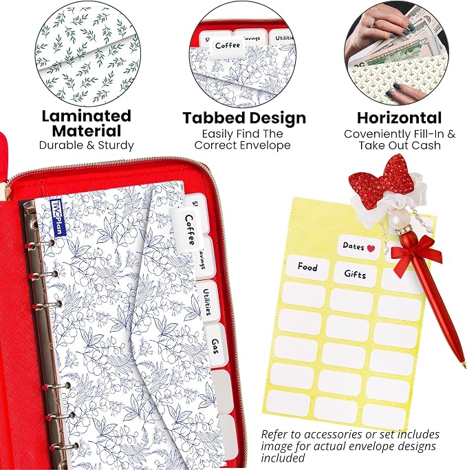 Three Way Cut Cash Envelope Wallet Red All in One Budget System RFID Blocking - Image 6