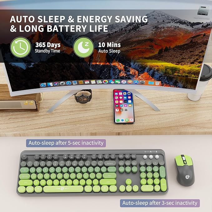 FOPETT Wireless Keyboard and Mouse Combo - 2.4G Full-Sized Cute Colorful Mouse and Keyboard with 104 Round Keys Retro Typewriter Keyboard for Laptop/Windows/PC - Green Gradient-DeskLoop Office