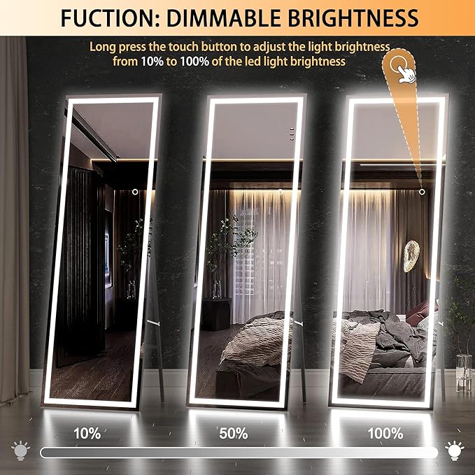 Hasipu Full Length Mirror with Lights, 56" x 15.8" LED Floor Mirror, Full Body Dressing Standing, Hanging Mounted Mirror for Living Room Bedroom Cloakroom, Square Black-DeskLoop Office