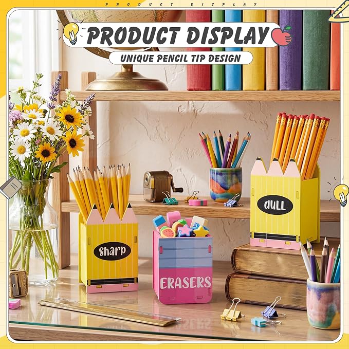 DoubleFill 3 Pcs Sharp and Dull Pencil Holder Eraser Buckets Wooden Shaped - Image 4
