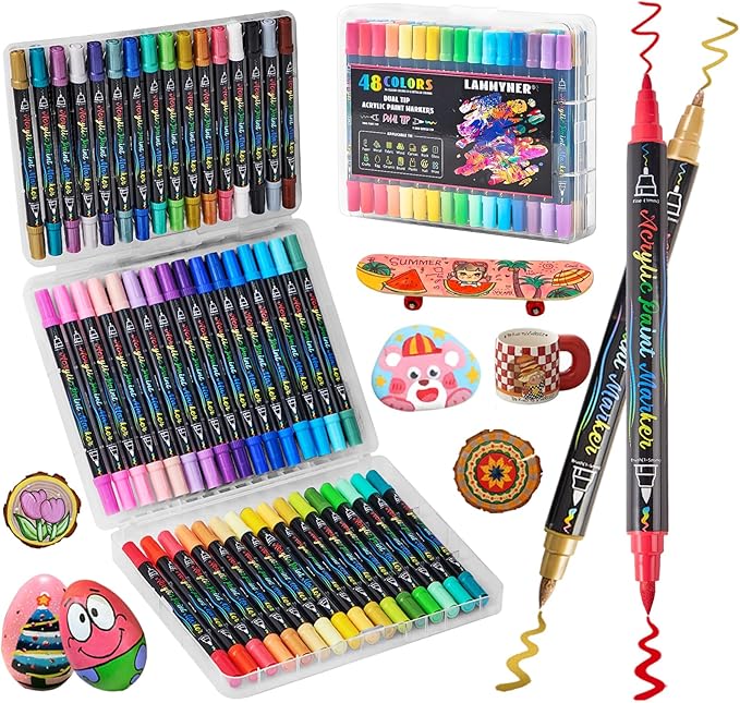 48 Colors Acrylic Markers,Dual Tip Acrylic Paint Markers with Fine Tip and Brush Tip,Acrylic Paint Pens for Rock Painting,Fabric,Crafts,Wood,Glass,Canvas,Plastic,Scrapbook,Art Supplies-DeskLoop Office