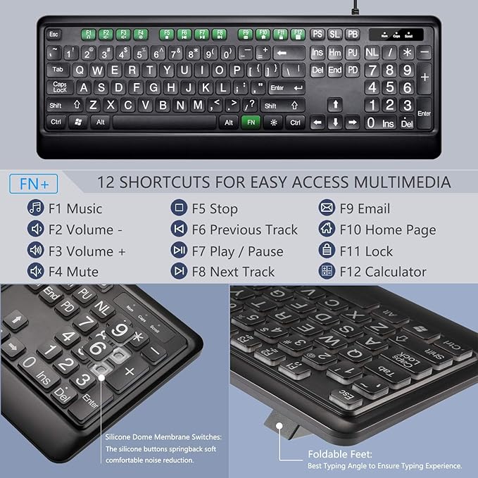Large Print Backlit Keyboard, USB Wired Computer Keyboard, Full Size Keyboard with White Illuminated LED Compatible for Windows Desktop, Laptop, PC, Gaming, Black-DeskLoop Office