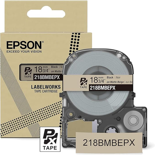 Epson LABELWORKS 218BMBEPX Genuine PET (Polyester) Tape Cartridge - Black on Matte Beige Designer Craft Label Maker Tape - 3/4" (18MM) Wide, 26'-DeskLoop Office