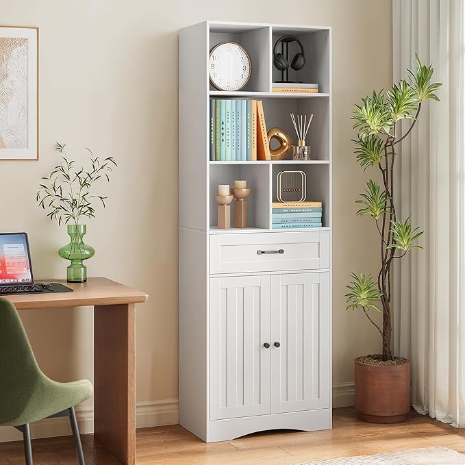 Gizoon Storage Cabinet, 71'' H Kitchen Storage Cabinet with Doors & Drawers, Kitchen Pantry with Adjustable Shelves, Anti-tip, Metal Handle, for Living Room, Office, Bathroom, White-DeskLoop Office