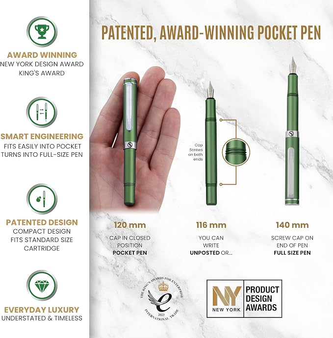 Scriveiner Personalized Luxury EDC Fountain Pen, Stunning Matt Green Pocket Pen - Image 4
