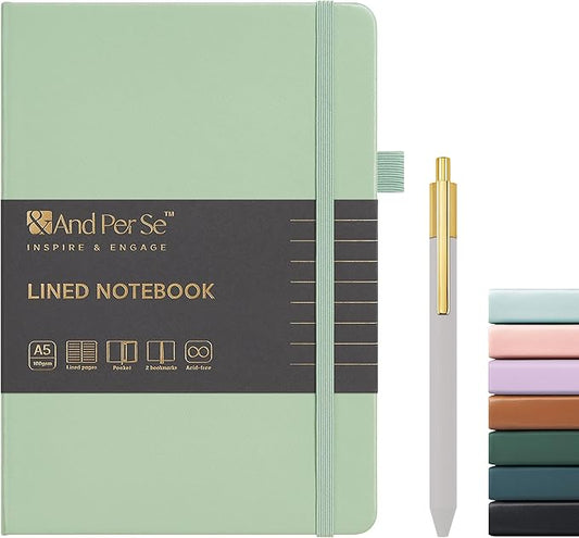 A5 Lined Leather Journal and Pen Set, Hardcover Notebook with Pen, 160 Pages 100gsm Thick Ruled Paper for Women Men Work Business School or Home Writing, 5.7'' x 8'' (Light Green)-DeskLoop Office