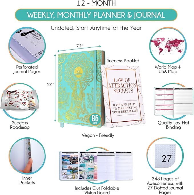 Hourly Planner – Undated Weekly & Monthly Goal Setting Planner, 12-Month to Increase Productivity | Life & Gratitude Journal, Include Foldable Vision Board, Gift Box & Stickers-DeskLoop Office