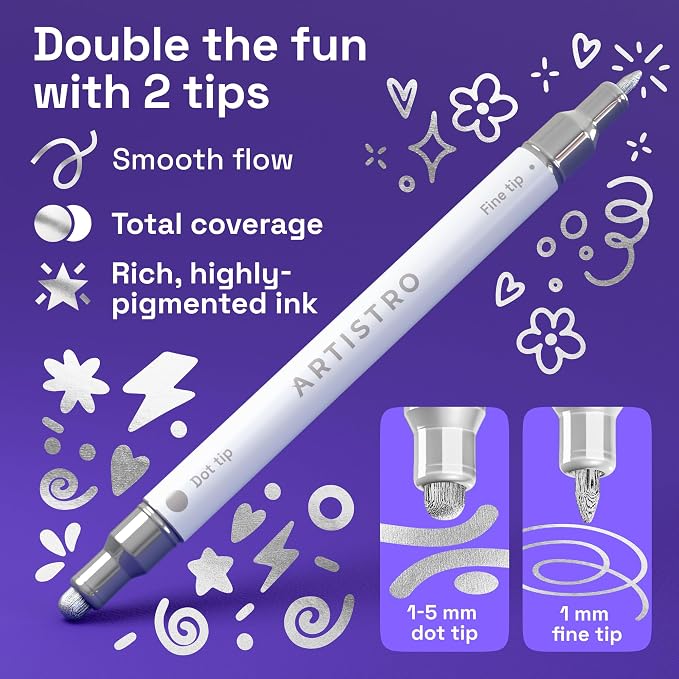 ARTISTRO 5 Silver Dual-Tip Acrylic Paint Markers – Paint Pens Set - Image 2