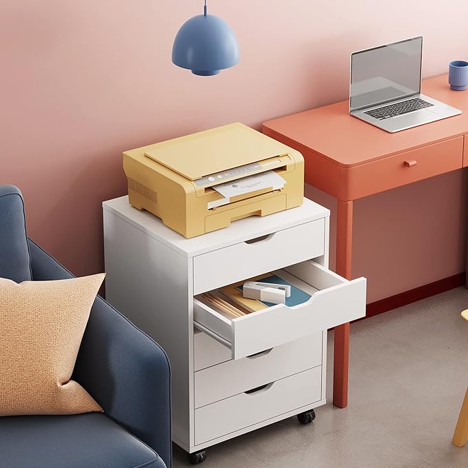 DEVAISE 5-Drawer Chest, Wood Storage file Cabinet with Wheels, White-DeskLoop Office