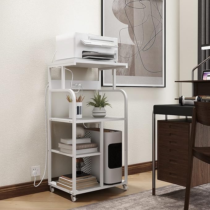 VEDECASA Mobile High Printer Stand with Power Outlet Charging Plugs USB Port Office Storage Shelf Includes Computer Tower CPU Stand Holder with Wheel (White)-DeskLoop Office