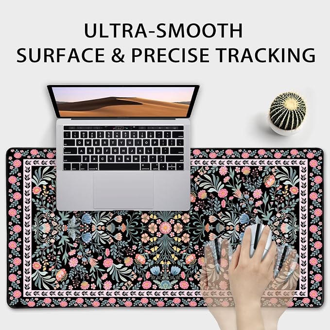 Black Floral Desk Mat, 31.5"x15.7" Large Mouse Pad, Anti-Slip Rubber Base - Image 9